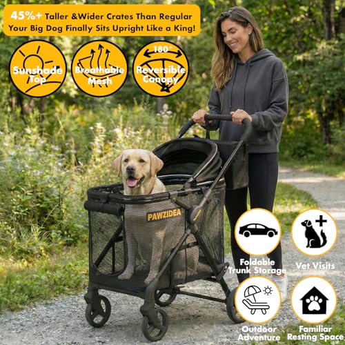 Image of PAWZIDEA Dog Stroller for Large Dogs up to 80 lbs, Lockable No-Zip 180 Reversible Canopy, One-Hand Foldable Pet Stroller for 2 Medium Dogs, All-Terrain Jogger Wheels, Storage Organizer, Chew-Proof