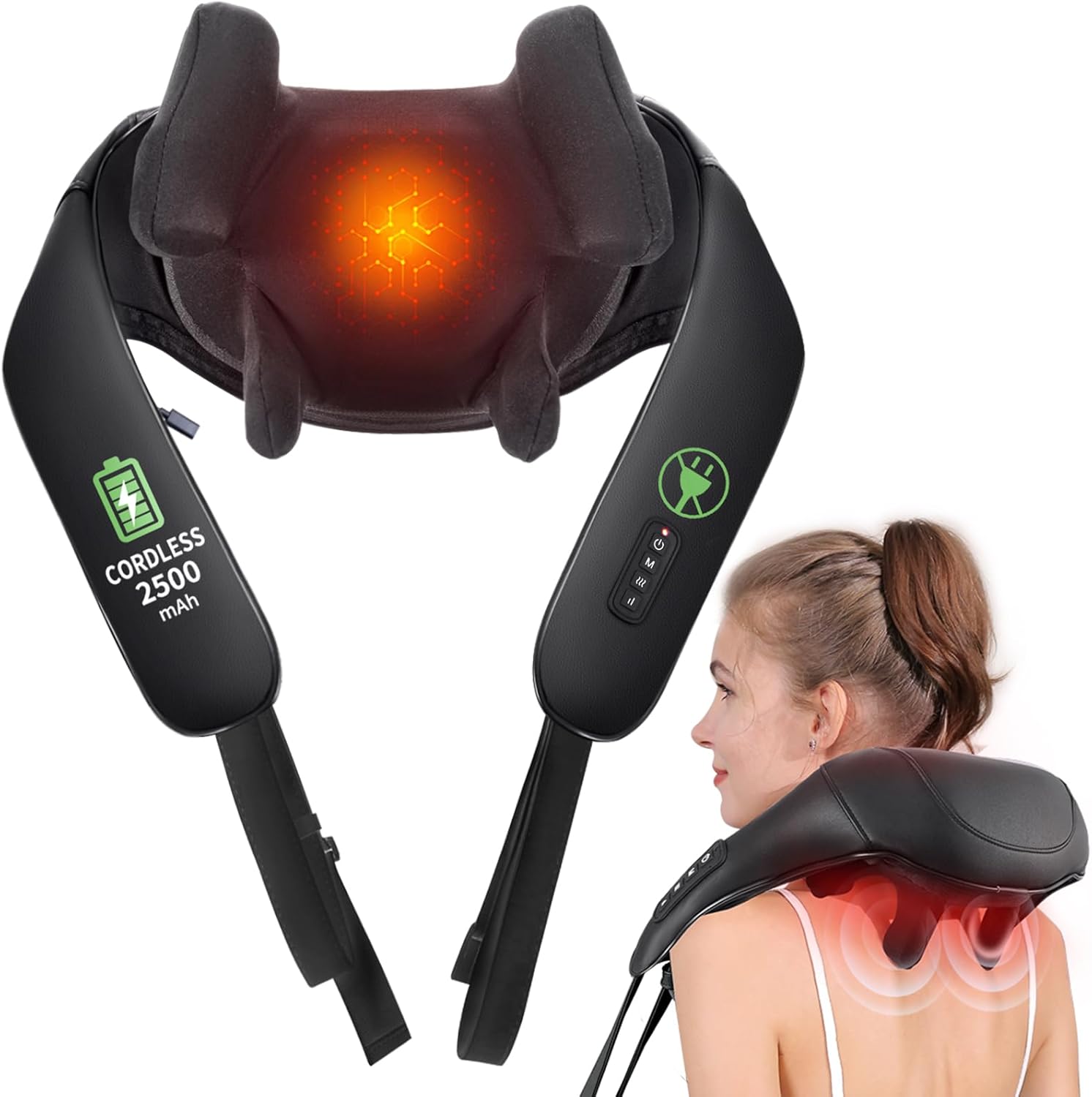 Cordless Shiatsu Neck and Back Massager with Heat, 2500mAh Rechargeable Electric Deep Tissue 3D Kneading Massage Pillow for Shoulder, Leg, Body Muscle Pain Relief, Gifts, for Dad Mom Friends