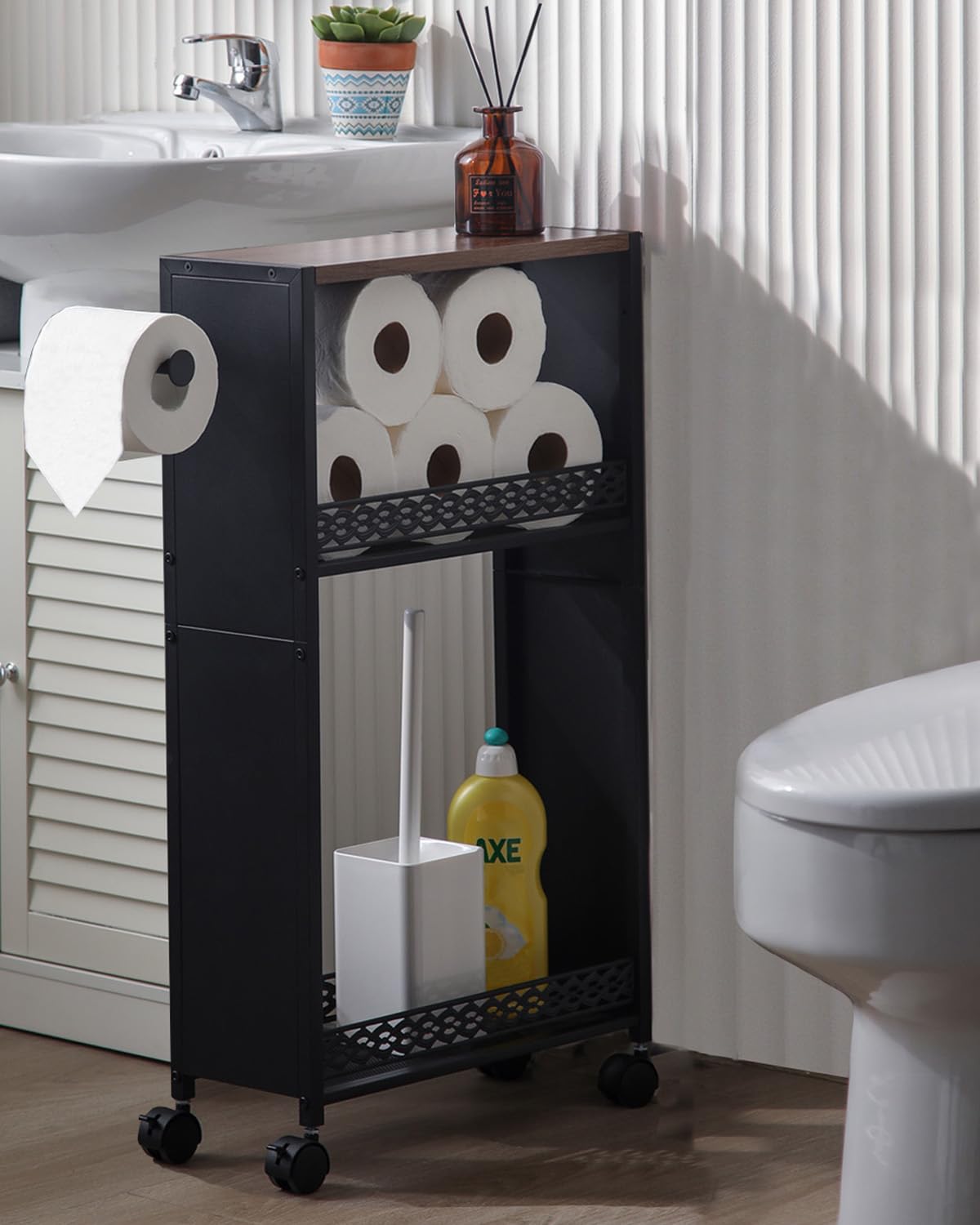 Soporte de papel higiénico con mueble delgado para el almacenamiento de baño pequeño