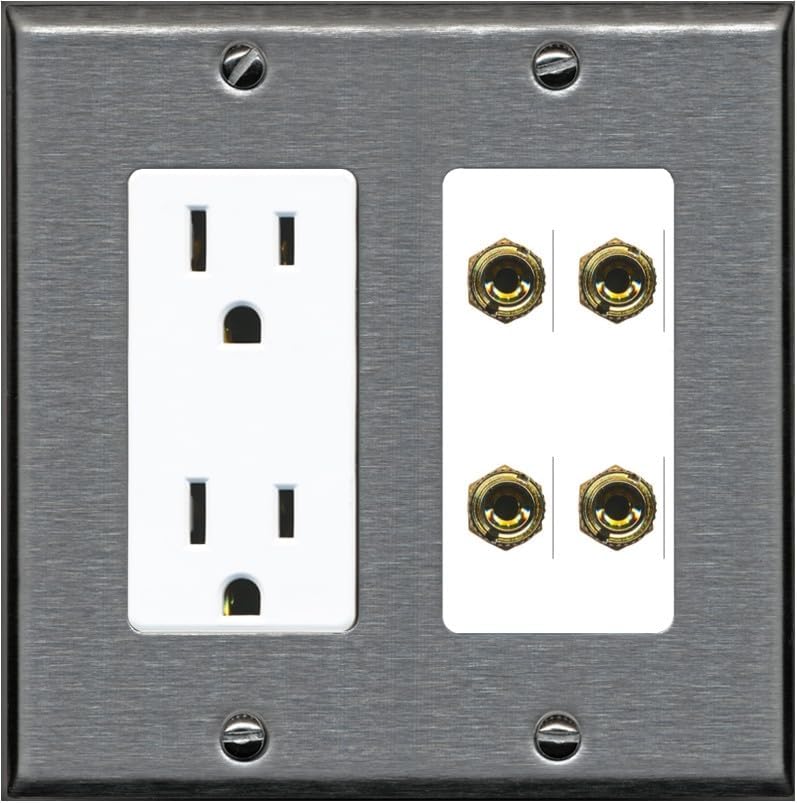 RiteAV 4 Banana 2 Speaker Surround Female Coupler Binding Post Wall Plate - Outlet [Stainless/Gray]