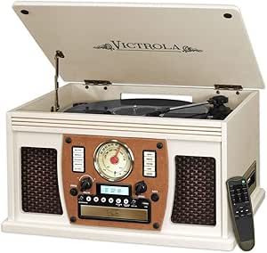 Victrola 8-in-1 Bluetooth Record Player &amp; Multimedia Center, Built-in Stereo Speakers - Turntable, Wireless Music Streaming, Real Wood | White