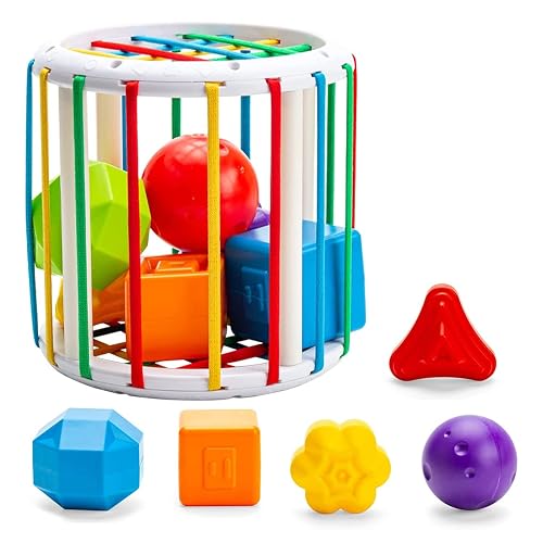 Kidology Baby Cylindrical Shape Sorting Toy | Montessori Sensory Toys with 6 Blocks Colorful Cube | Shape Sorting Bin with Elastic Bands Fine Motor Skill Early Learning Preschool Educational