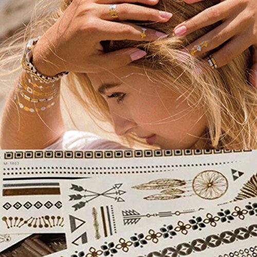 Metallic Temporary Tattoos, 6 Large Sheets Gold Silver Glitter Shimmer Designs Jewelry Tattoos, Waterproof Tattoo Stickers for Women Teens Girls, Mother's Day Gift (6 Sheets, Multi-style)