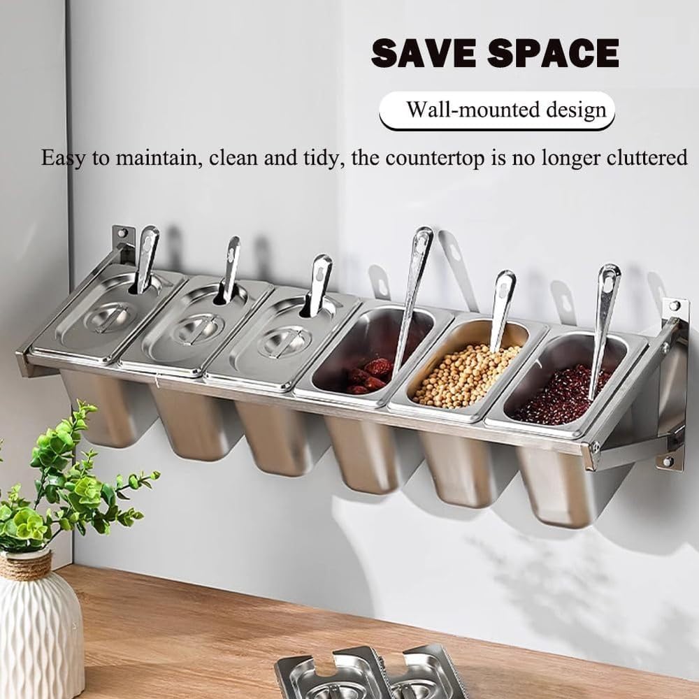 Wall Catering Ingredient Container, Pizza Condiment Container, Stainless Steel Ingredient Food Container, Spice Rack Stand, Easy Access to Spices, Ingredients and Decorations,6 Grid