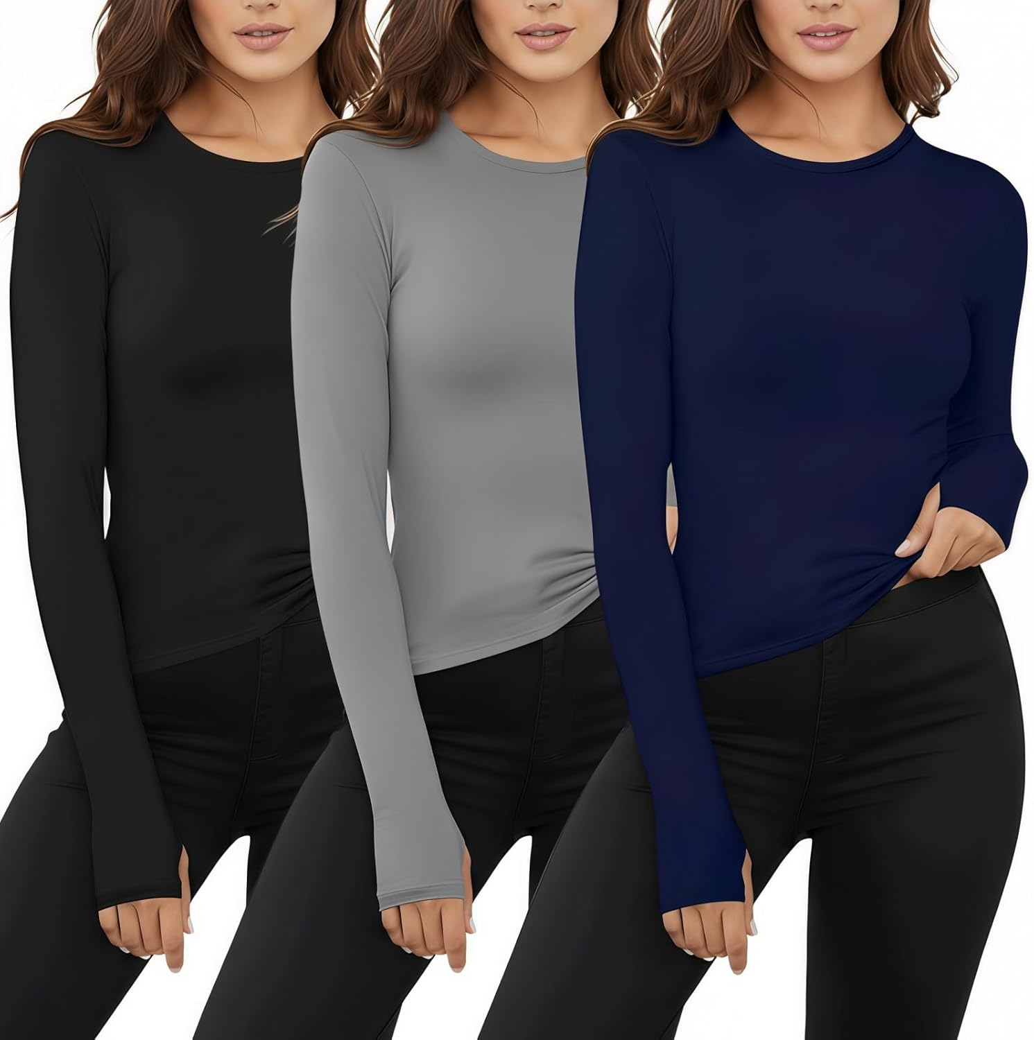 Patelai 3 Pack Women Thermal Shirts Long Sleeve Fleece Lined Undershirts Soft Crew Neck Base Layer Top Underwear Cold Weather