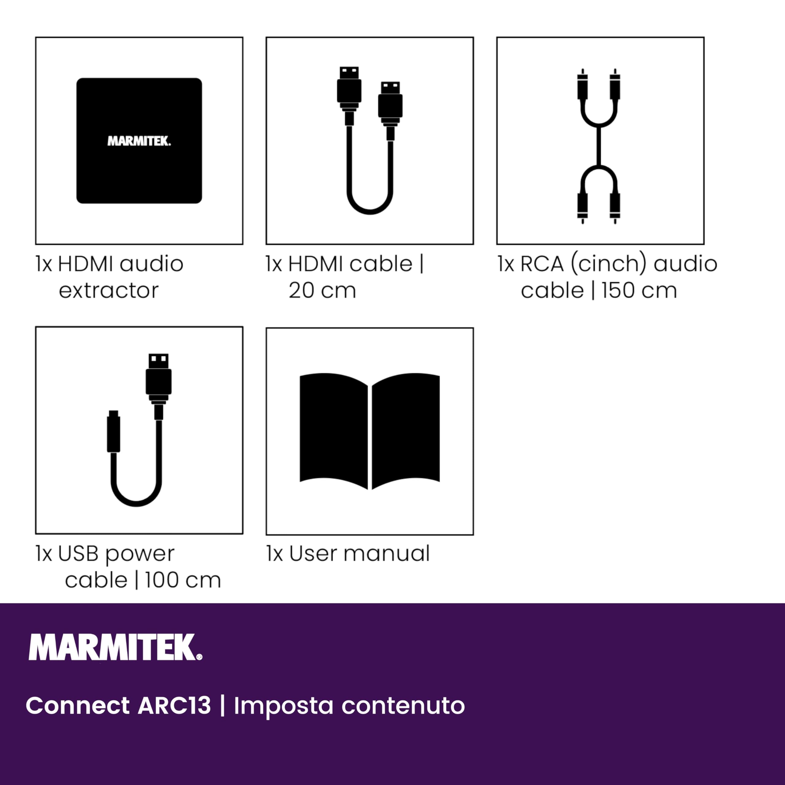 Marmitek Connect ARC13 - Estrattore audio HDMI ARC CEC per TV e RCA audio | Adattatore TV verso amplificatore, altoparlanti attivi o cuffie, uscita stereo L/R RCA, jack 3,5 mm e controllo CEC