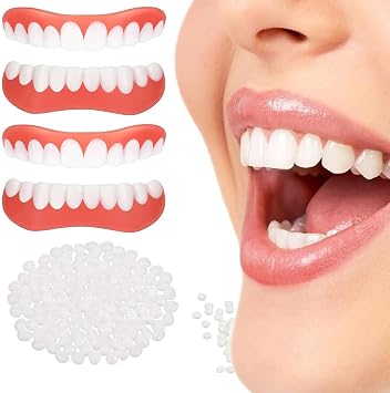 Wttfc 2 Pairs Clip in Instant Veneers Dentures Fake Teeth Veneers Teeth Top and Bottom Set, Snap on Veneers Teeth, Confident Smile Comfortable False Teeth for Men and Women