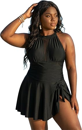 Plus Size One Piece Swimdress for Women Swimsuit with Halter Neck | High neck halter swimdress, removable padded cups, built-in briefs, mesh open back, flared skirt, beach and pool vacation