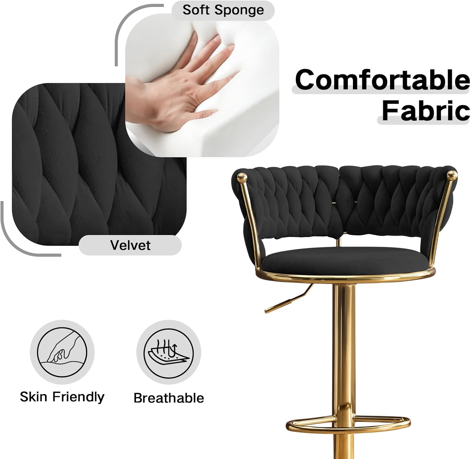 Velvet Bar Stools, 360 Swivel Barstools with Adjustable Height, Modern Upholstered Counter Height Stools with Woven Backrest for Kitchen Island,Dining Room,Cafe,Pub,Gold Accent Frame (Black, Set o 2)