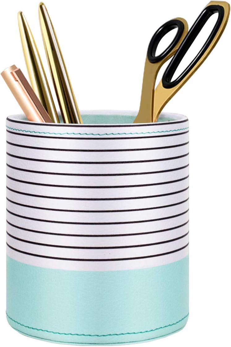 WAVEYU Pen Holder, Pencil Cup Pot Desk Organizer Multi Purpose Use Cute for Adults Kids Luxury Leather Makeup Brush Holder for Home, Office, Classroom, Stripes Mint Green WAVEYU Pen Holder, Pencil Cup Pot Desk Organizer Multi Purpose Use Cute for Adults Kids Luxury Leather Makeup Brush Holder for Home, Office, Classroom, Stripes Mint Green