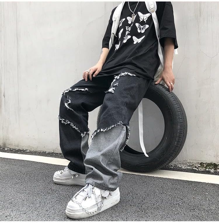 Men's Ripped Jeans, Distressed Destroyed Patchwork Straight Leg Denim Pants - Image 2