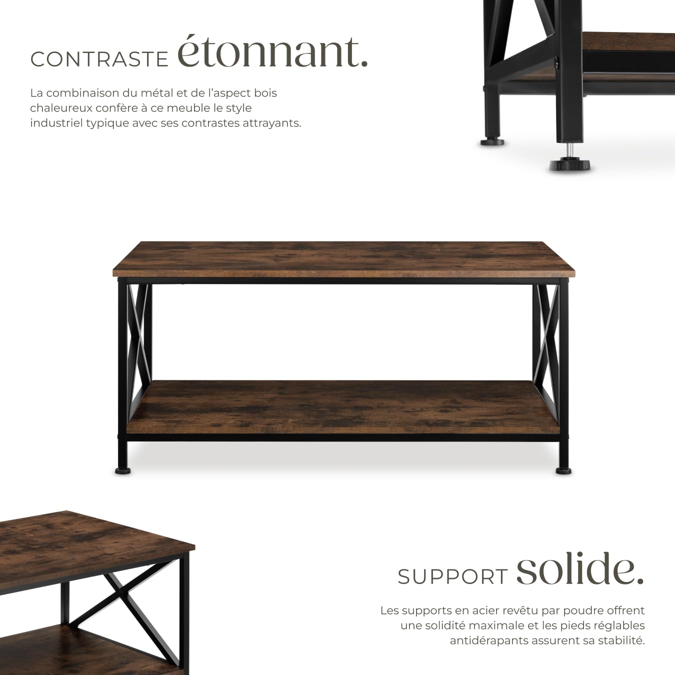 tectake® Table basse Salon 100 x 55 x 45,5 cm, Table basse à 2 niveaux, Style industriel, Bout de canape Meubles de Salon Meuble Bureau Chambre Décoration Maison Meuble d'appoint Rangement, Bois foncé