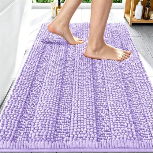 Image of Smiry Thick Chenille Bathroom Rugs 30x20, Extra Soft Absorbent Striped Bath Mat, Machine Washable, Rubber Backing, Bath Rugs for Tub & Shower, Modern Home Decor Accessories, Lavender