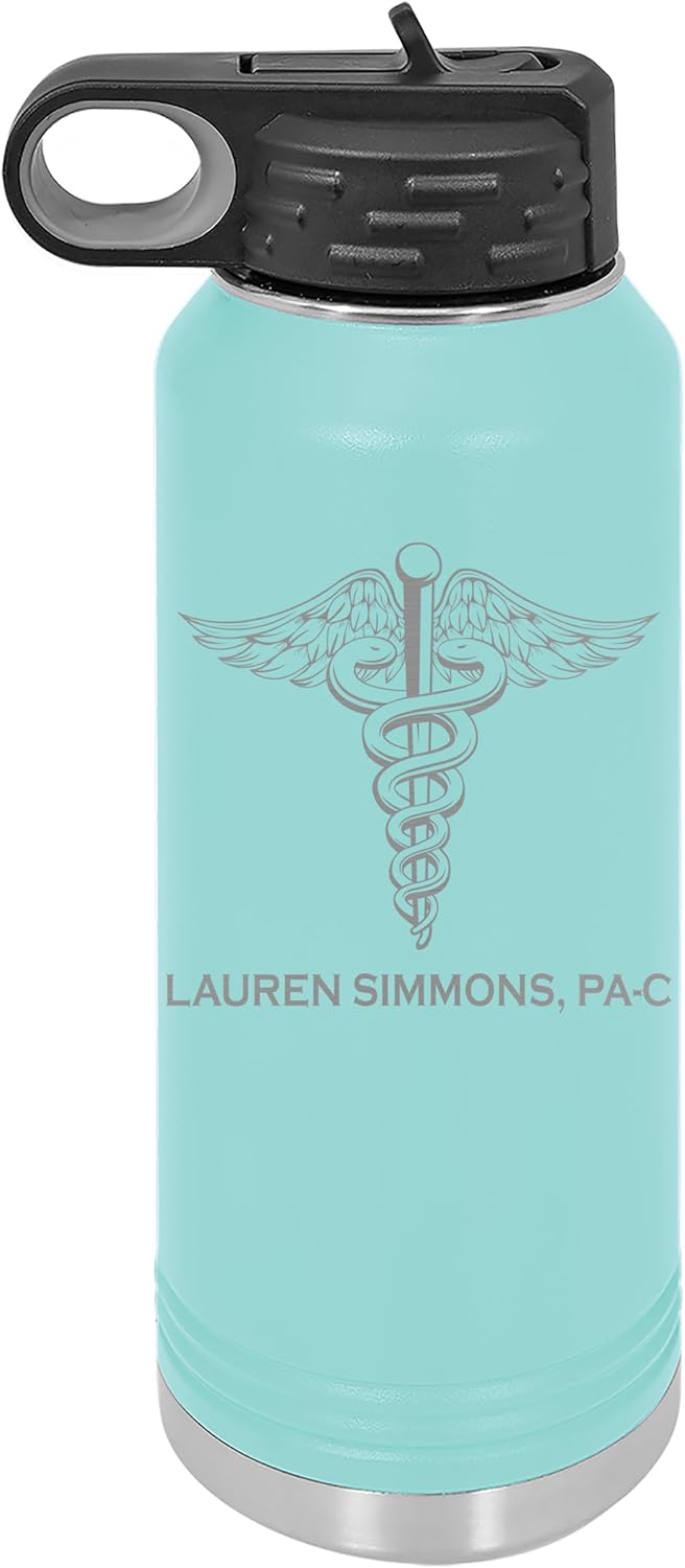 Personalized CADUCEUS Bottle, Medical, Doctor, First Responder, Medic, Nurse Gift - Laser Engraved 32 oz. Polar Camel Suregrip Stainless Steel Bottle, Drinkware, 13 Colors (Sea Foam)