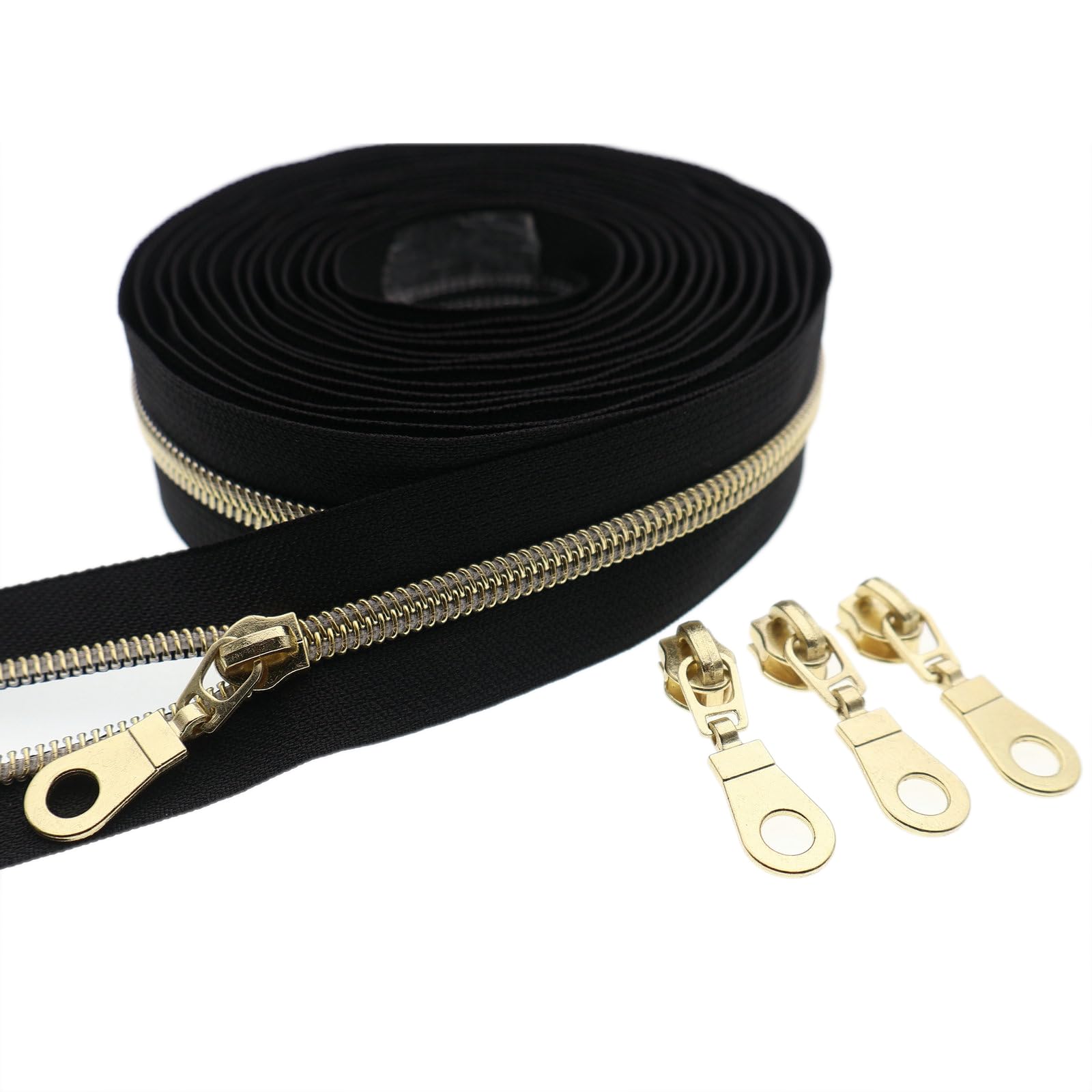 #5 Gold Metallic Nylon Coil Zipper by The Yard, Bulk 10 Yards Black Tape with 25PCS Gold Zippers Pulls for Sewing, Bags, Purses YIGUANXIN