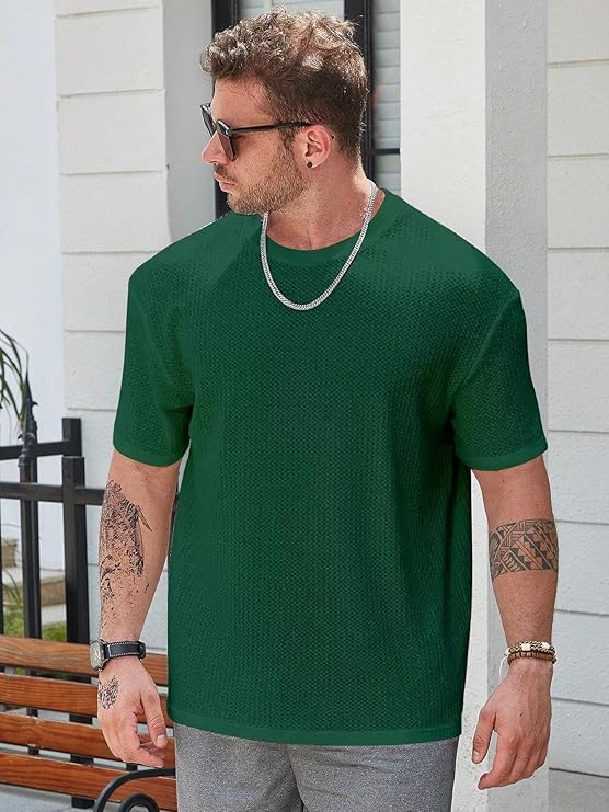 Image of Men Solid Waffle Round Neck Oversized /Dropshoulder |Baggy| Summer T Shirt for Ment Shirt