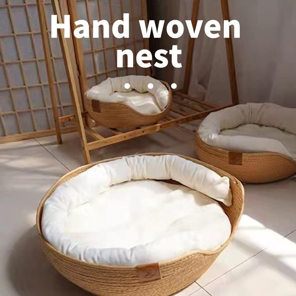 Pet Bed Round Pet Kennel Pad Dog Cave Soft Warm Bed Cat House Plush Hand Woven Nest for Small Medium Large Dog (Out2039 Small)