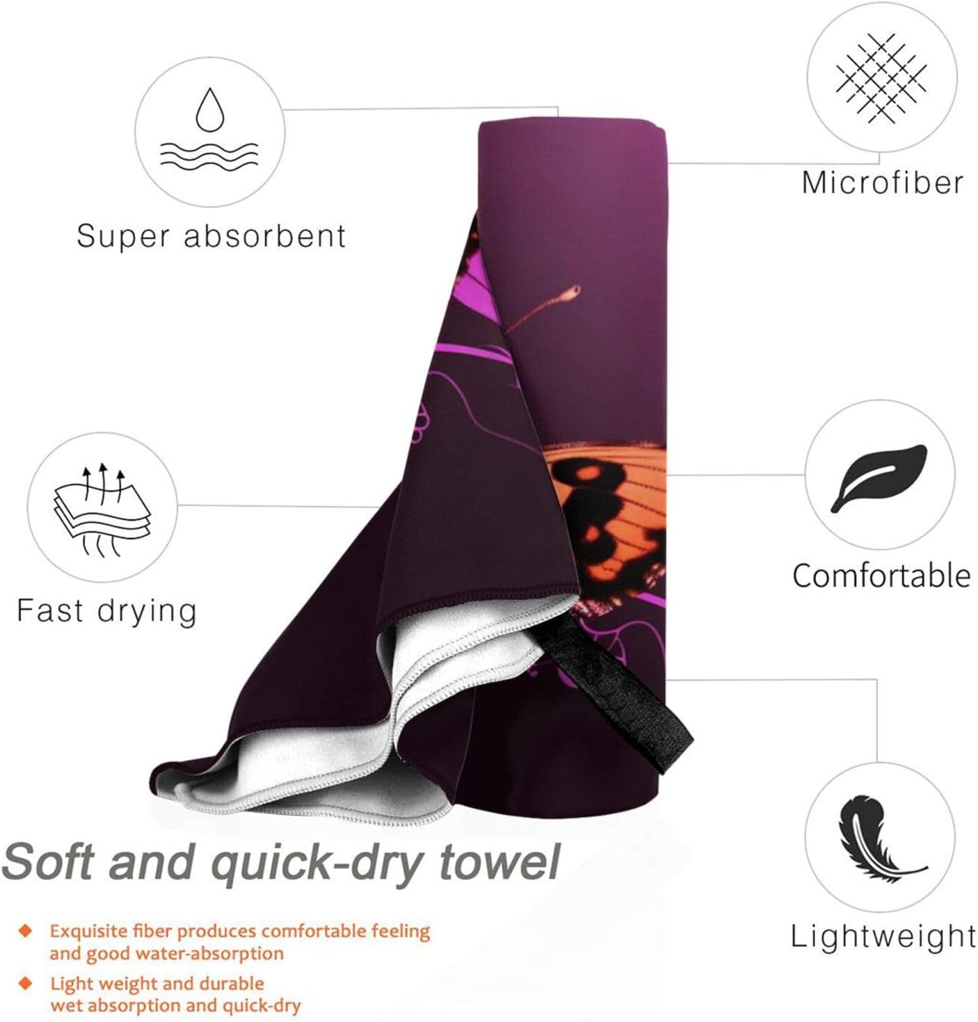 KHiry Microfiber Towel Beach Towels Nice Butterfly Quick Dry Towel Soft Lightweight Travel Towels Absorbent Large Easy Pack Travel Things Beach Blanket for Gym Sports Swimming