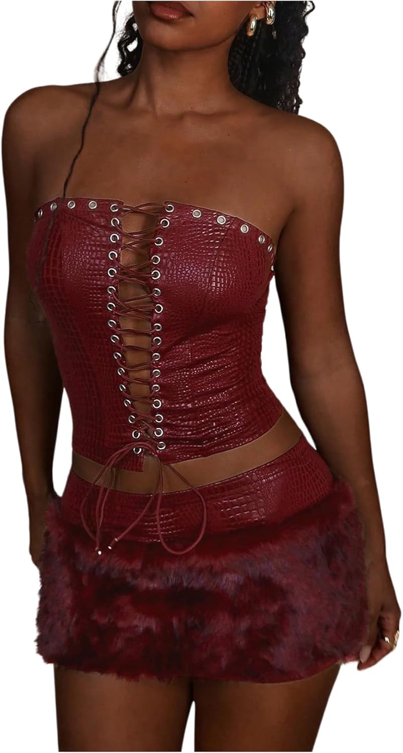 Verdusa Women's 2 Piece Y2K Outfits Eyelet Lace Up Leather Tube Top with Furry Mini Skirt Rave Outfits