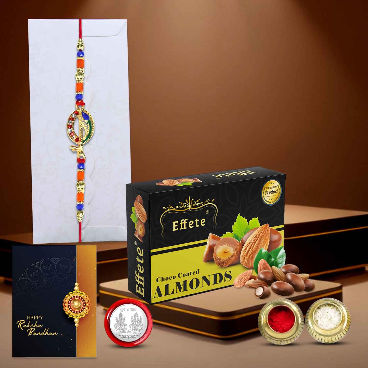 DeoDap (K1_428_CA32) Rakhi Combo with Chocolate Almonds 32gm, Rakhi for brother with gift, chocolate gift pack, rakhi with Chocolate Gift Hemper, Fancy Rakhis for men, Set of 1 Rakhi-image-32