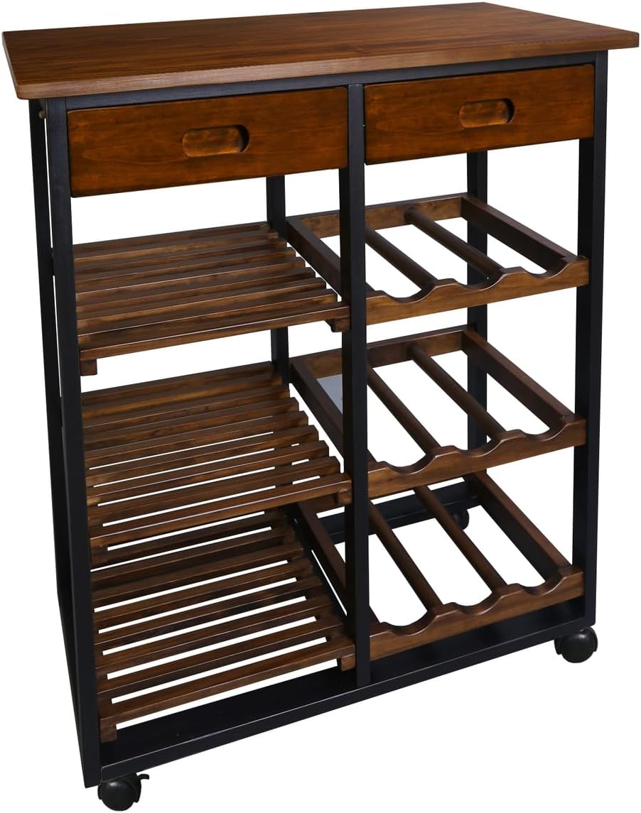 Casual Home Solid Wood 28" Wide l 4-Tier Rolling Kitchen Island Trolley with Wine Rack and Drawer, Mocha/Black