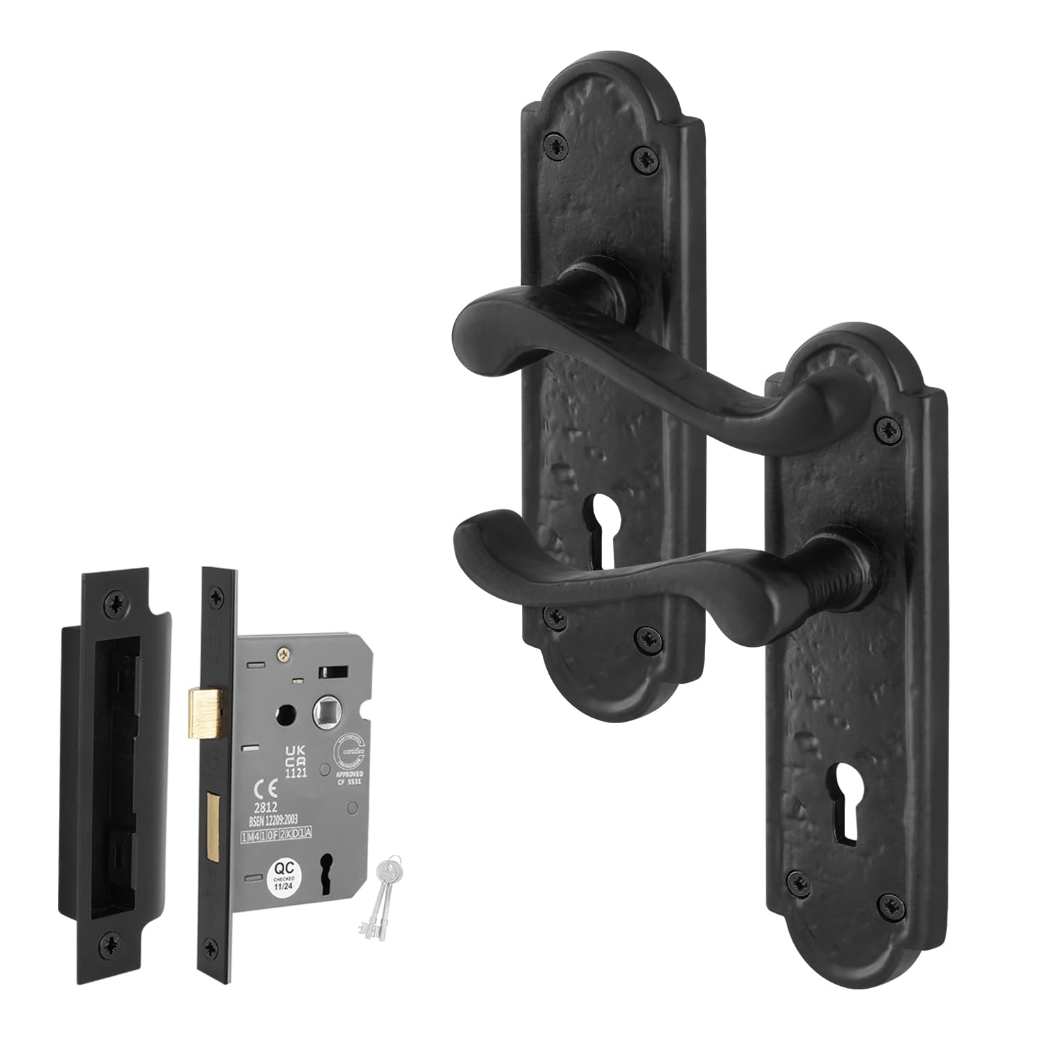 EAI Black Antique Door Handles Key Lock, 1 Pair of Cast Iron Scroll Backplate Internal Handles, Lock 64mm, Hinges Alton Range