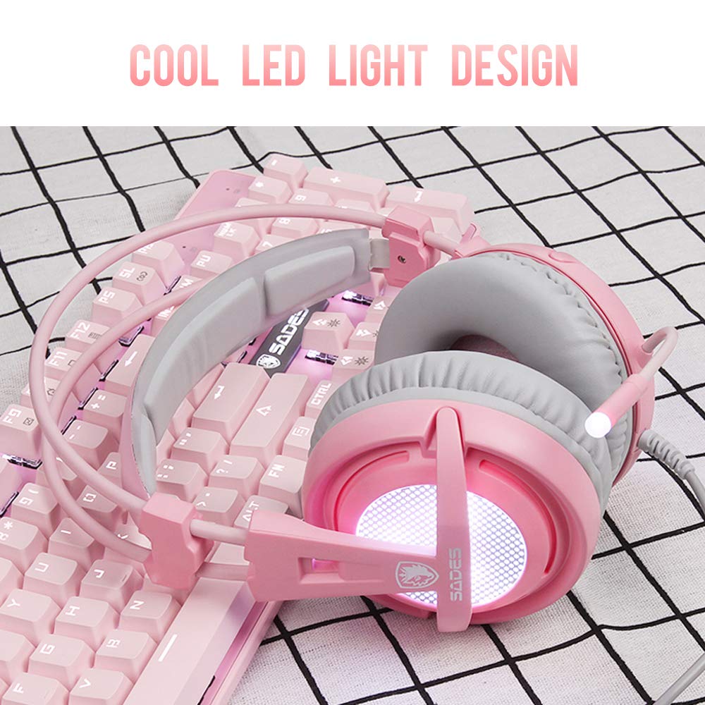 Sades A6 Casque de gaming USB 7.1 Surround Sound PC avec microphone avec annulation de bruit, lumières LED pour ordinateur portable, ordinateur et consoles (Rose)
