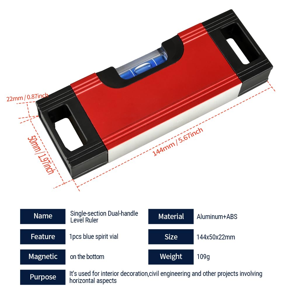 Mini nivel de burbuja magnético, nivel de burbuja de aleación de aluminio con asas dobles, vial azul, para carpintería, colgar cuadros e instalación de muebles (rojo, 14,40 cm)