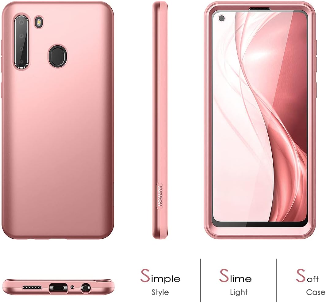 பல views of the SURITCH case for Samsung Galaxy A21, showing the front, back, and side profiles, highlighting its slim design and precise cutouts.
