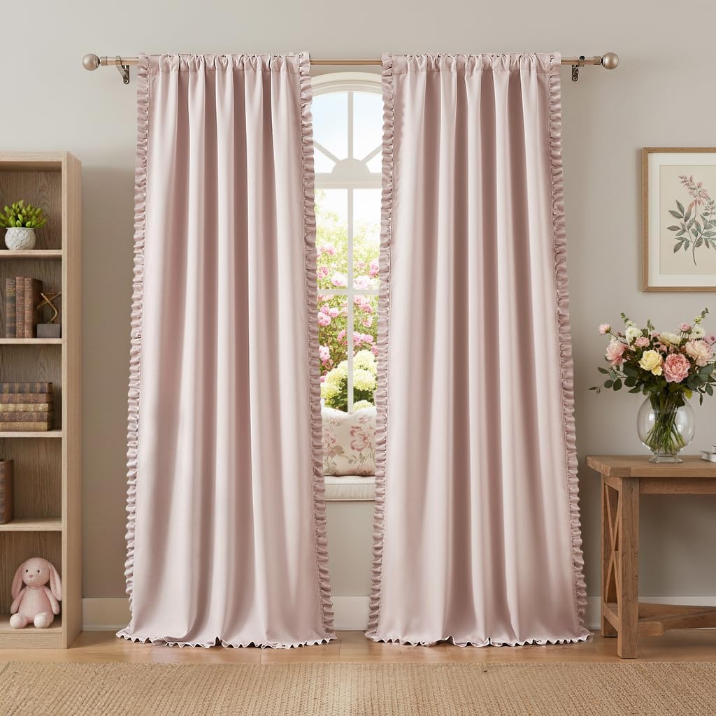 Jubilantex Ruffle Pink 80% Blackout Curtains 90 Inch 2 Panels Farmhouse Curtain Soft Light Filtering Flowy Drapes for Living Room Bedroom Rod Pocket Light Filtering Window Curtains 40x90