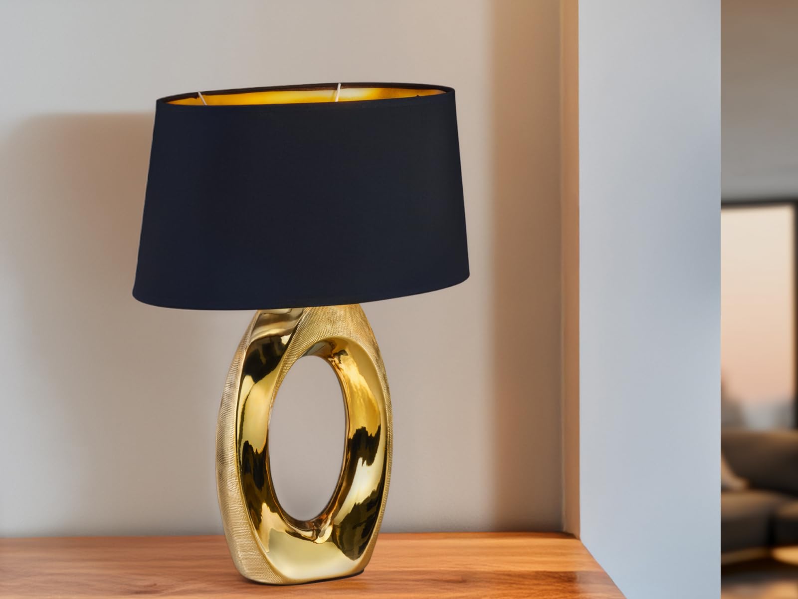 meineWunschleuchte Grande lampada da tavolo con paralume ovale in tessuto, colore nero/oro, altezza 52 cm