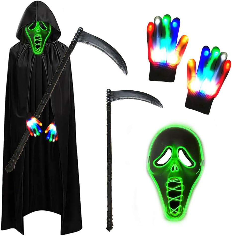 Halloween Luminous Costume Sensemann Cape Set with Scythe Glow Skeleton Mask Glow Gloves and Chain Black with Hood Robe for Carnival Cosplay