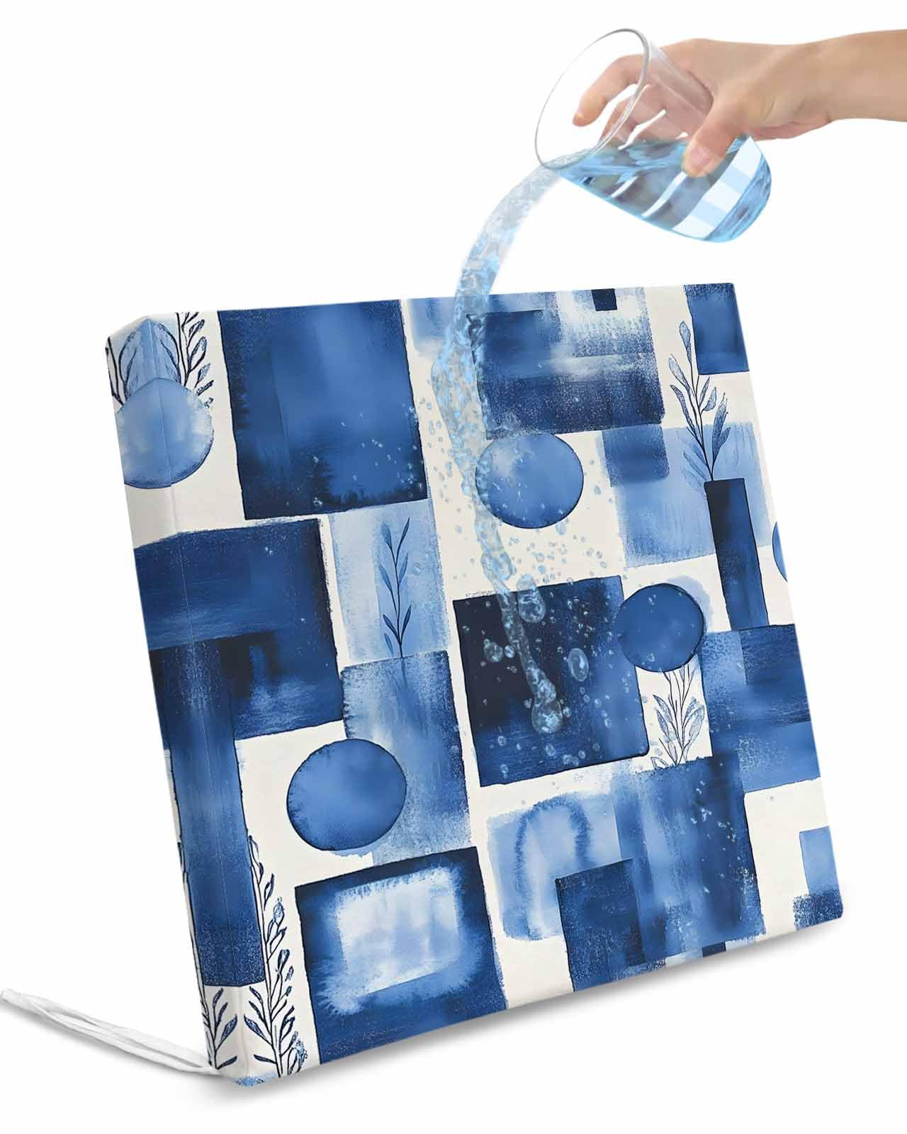 2 Pack Abstract Blue Waterproof Cushion Covers with Ties, Outdoor Patio Chaise Lounge Chair Seat Cushion Slip Covers Replacement(Only Cover) Geometric Leaves Modern Minimalist 22