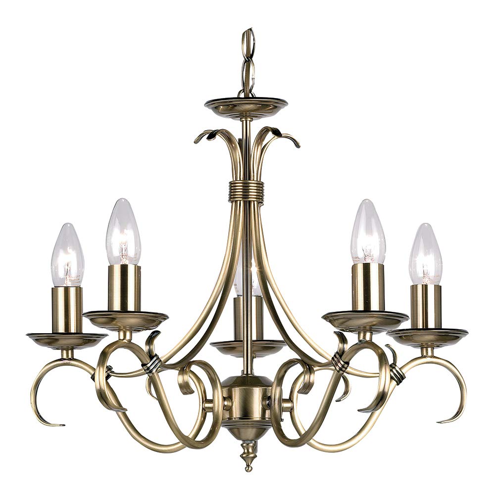 National Lighting Brandon Decorative 5 Way Scrolled Arms Antique Brass Branch Arm E14 LED Compatible Pendant Ceiling Light