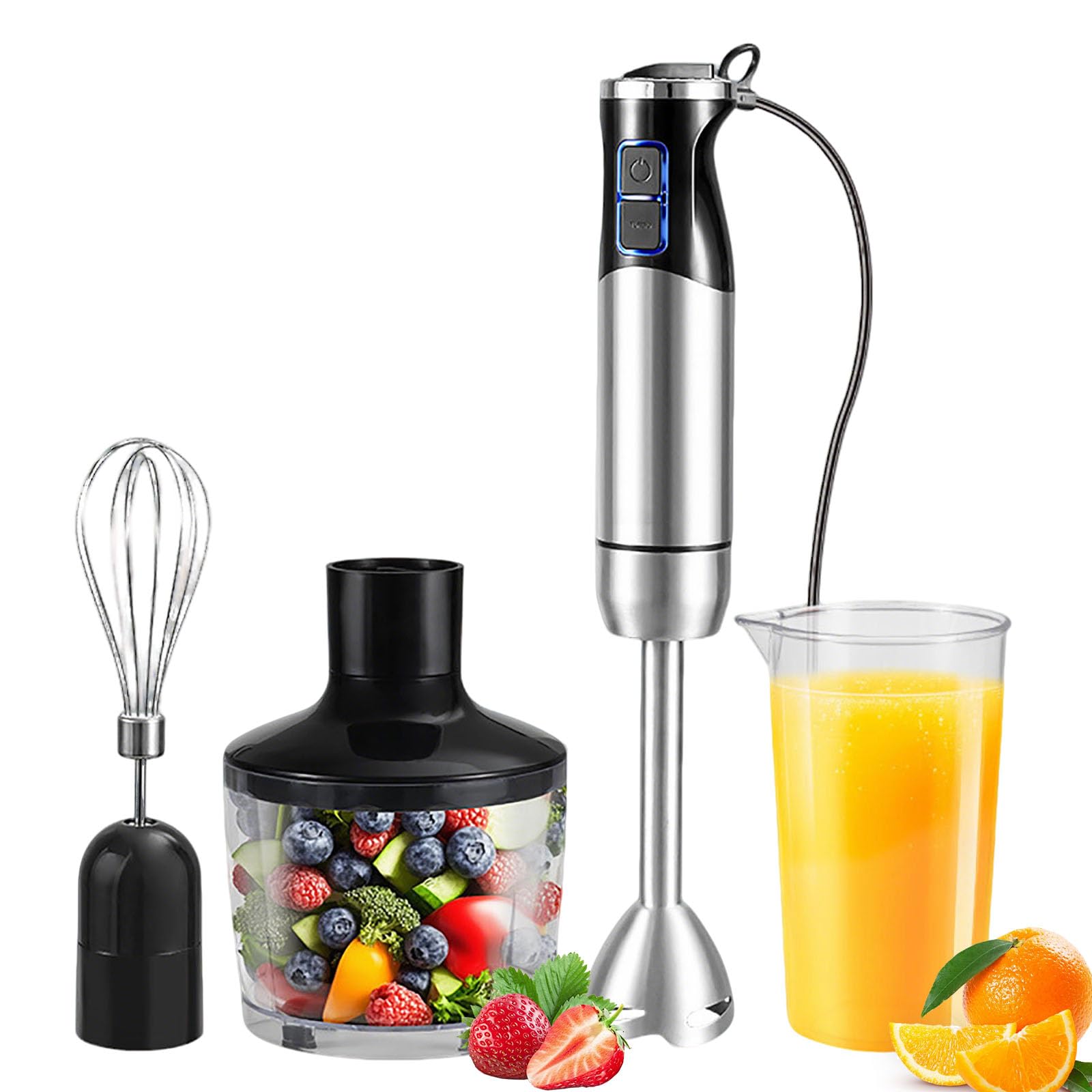 Blender ręczny, blender kuchenny 4 w 1, moc 1000 W, 12 zmiennych prędkości, w tym ubijaczka do jajek, spieniacz do mleka, miarka, kubek do siekania, nadaje się do zup i koktajli