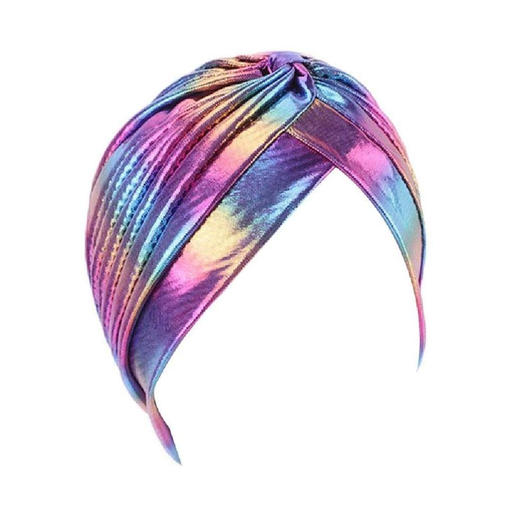 SHENGANG Women Rainbow Metallic Arab Turban Hat Twisted Front Pleated Headwrap Glitter Hijab Hair Loss Chemo Cap Women Metallic Arab Turban Hat