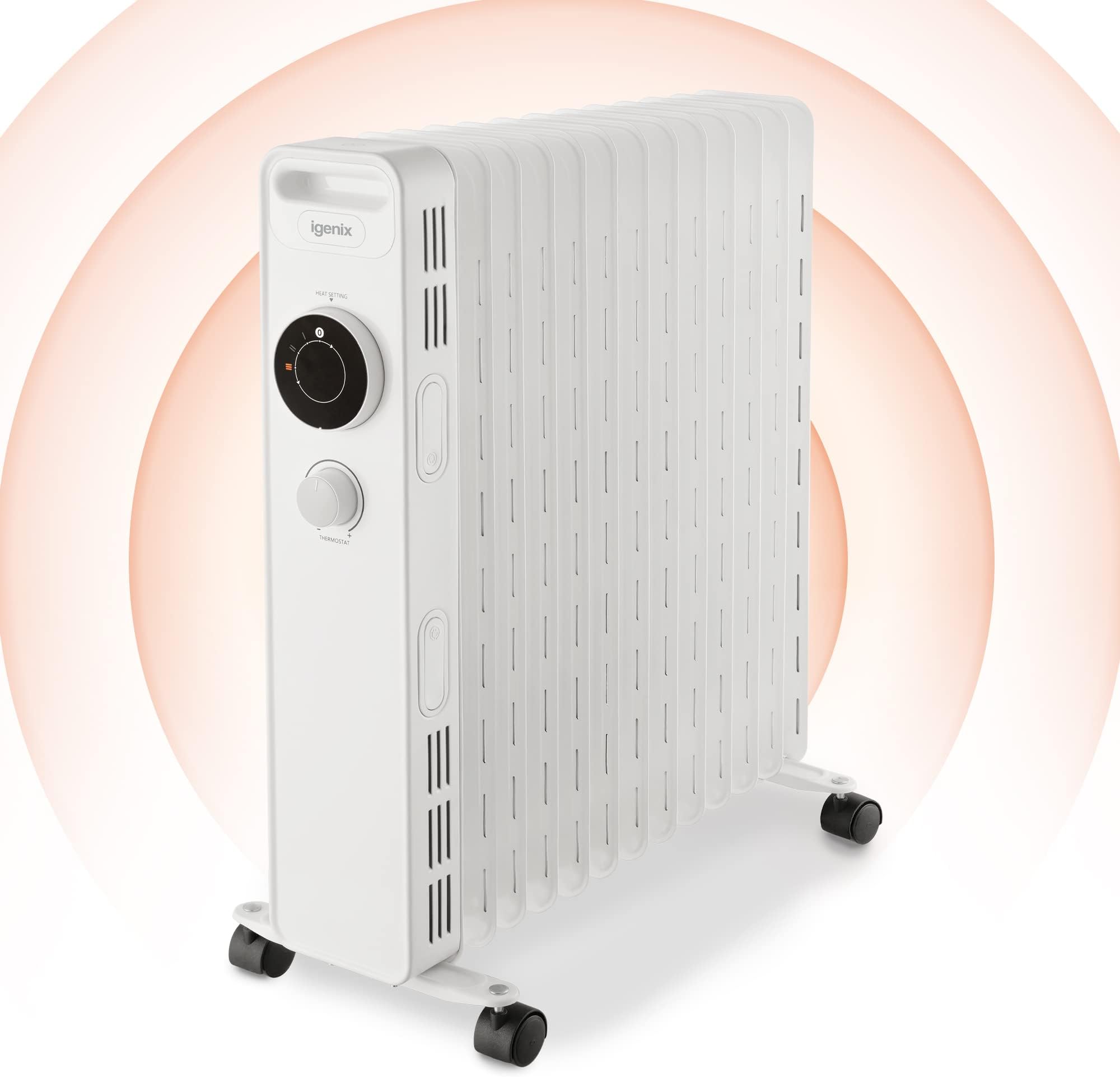 Igenix IG2625 Oil Filled Radiator, 2.5kW/2500W 13 Fin Electric Heater with 3 Adjustable Heat Settings & Overheat Protection, 2500 W, White