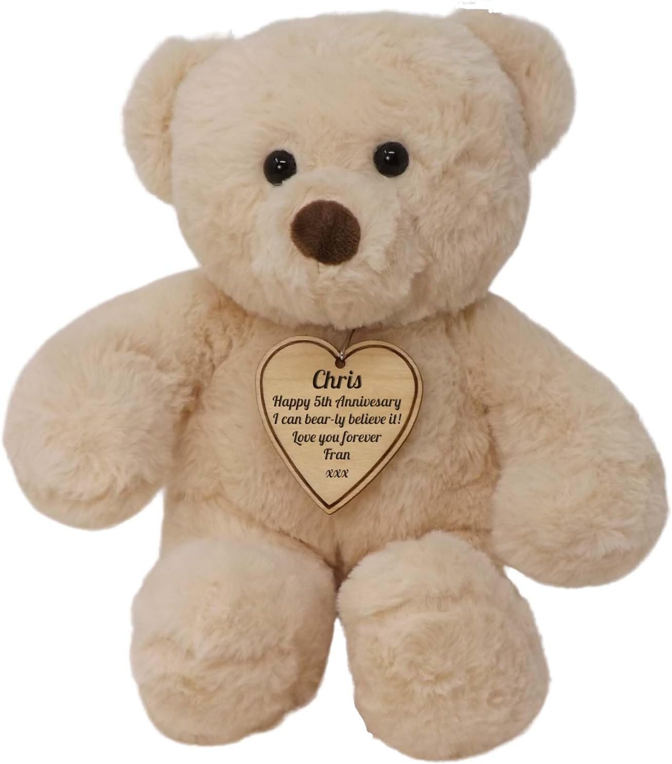 You Name It Personalised Teddy Bear with Wooden Heart Tag. Great Birthday, Anniversary, Retirement