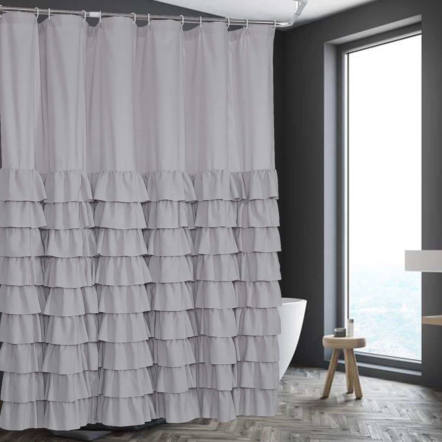Homechoice Decor Waterfall Ruffle Shower Curtain, Vintage Handcrafted Bath Curtain for Master Bathroom, Ruched Microfiber Bathroom Curtain with 12 Buttonholes, 72" W x 72" H, Gray (LQ-10) — image 1