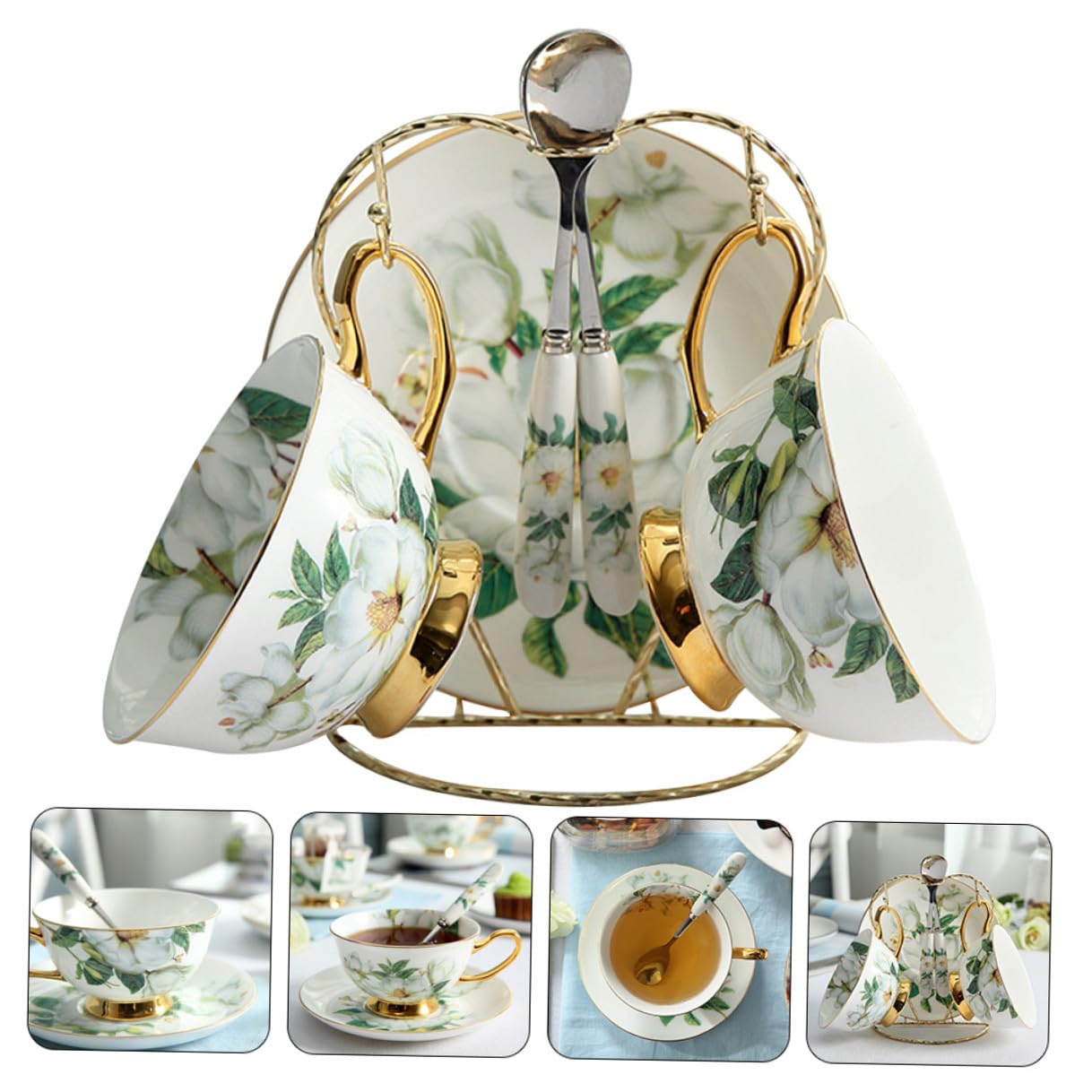 Toyvian Set Tazzine da Caffè in Porcellana con Decoro Dorato, Design Ergonomico, Facile da Pulire, Completo di Piattino e Cucchiaino per Tè e Caffè