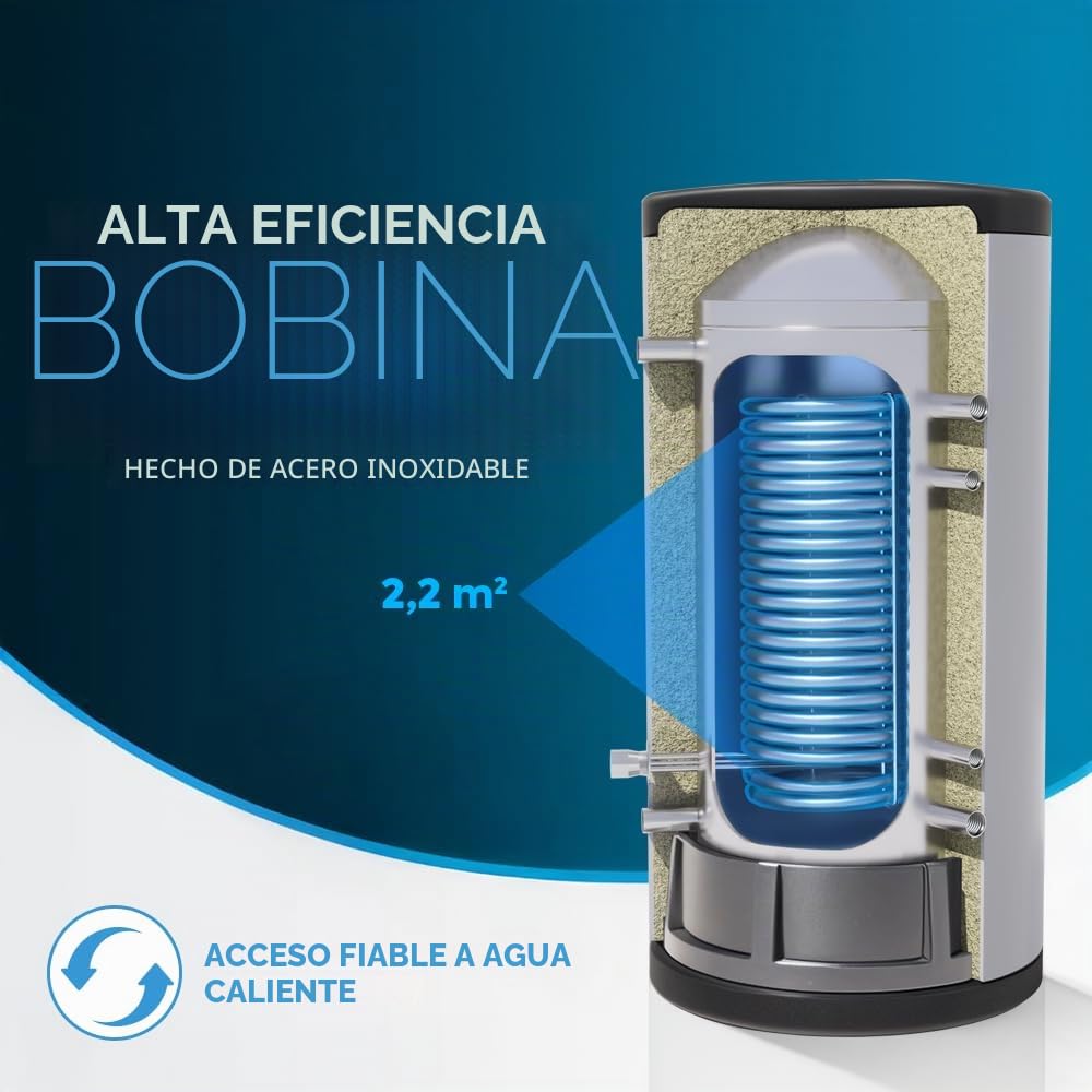 TECHGLOBE - Acumulador de agua caliente totalmente fabricado en acero inoxidable - con intercambiador de calor extragrande (2,2 m²) - Eficiencia energética - con aislamiento de 50 mm (150 L)