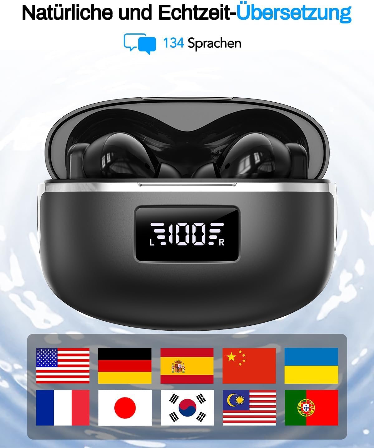 Traduttore auricolare AI, traduttore vocale 3 in 1, cuffie 134 lingue con app, 5 modalità di traduzione in tempo reale, auricolari traduttori, 60H Bluetooth 5.4 Translator Earbuds per apprendimento