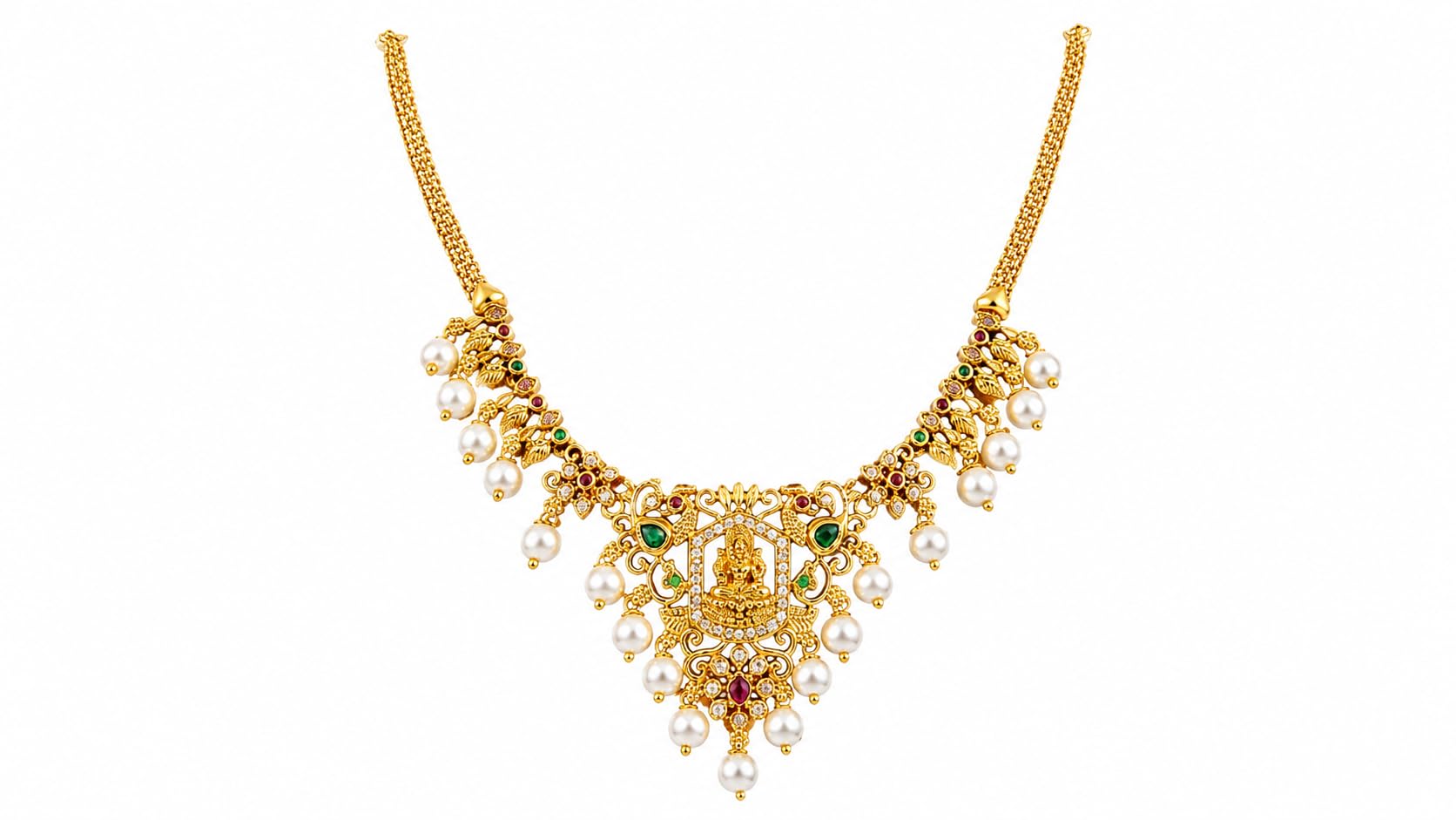 Traditional Gold Plated Lakshmi Temple Necklace with Pearl Drops, Ruby and Green Stone Accents, South Indian Ethnic Wedding Jewellery-picture-31
