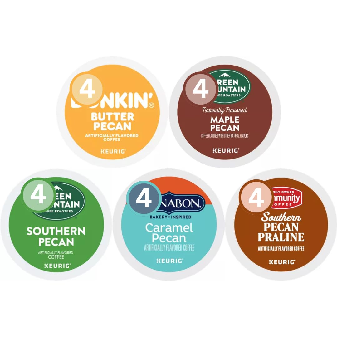 Pecan Flavored K-Cup Pods Coffee Variety Pack Sampler. Includes Maple, Caramel, Southern for Keurig Brewers (20 Count)