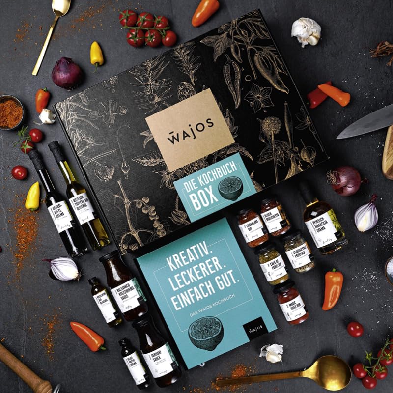 Wajos Kochbuch Geschenkset: kulinarisches Geschenkset mit 12 Produkten und Wajos Kochbuch, besonderes Geschenk für Männer & Frauen