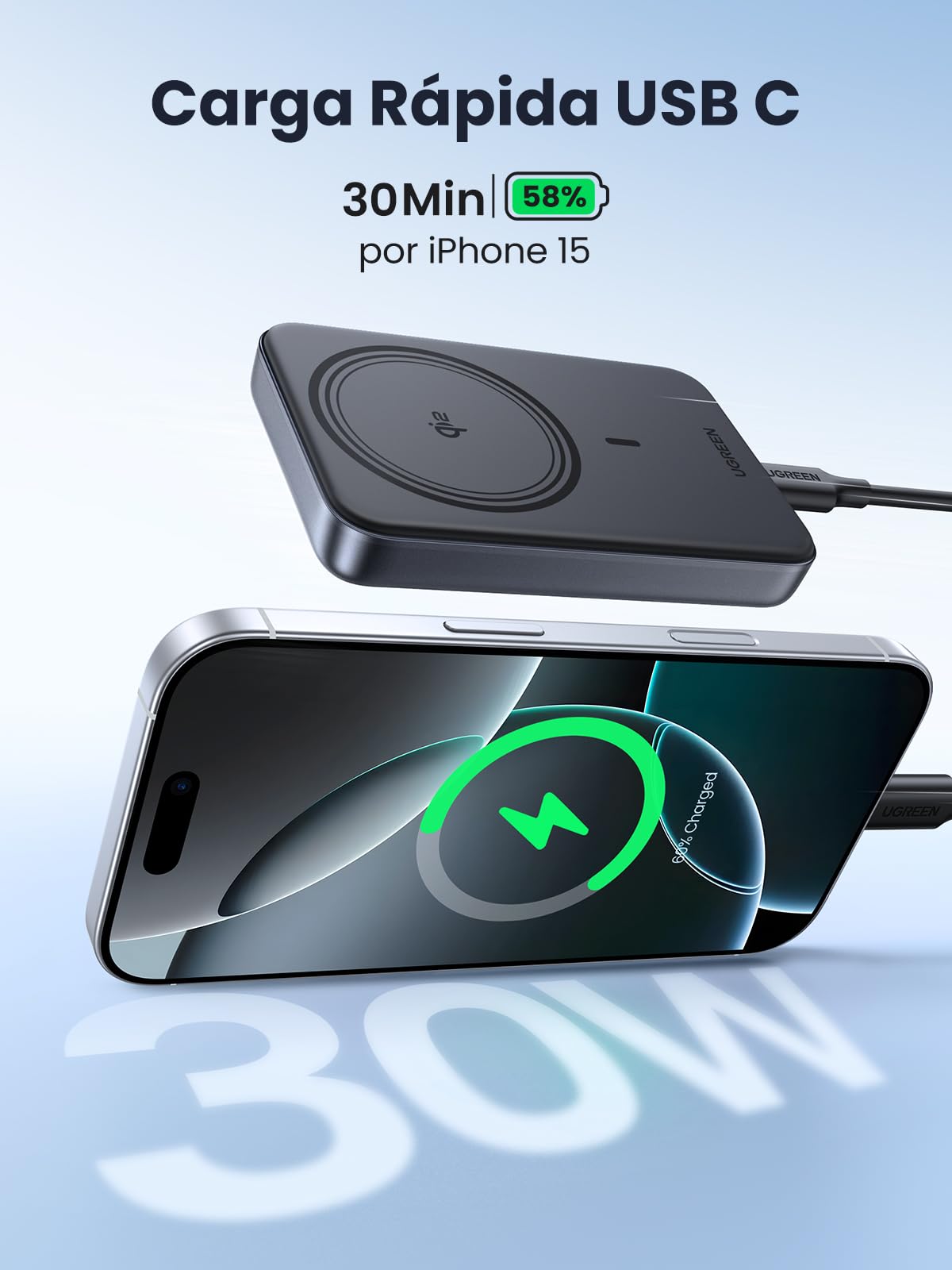 UGREEN Nexode Power Bank Magnético 10000mAh Qi2 15W, Batería Externa Carga Rápida PD 30W con Cable USB C, Cargador Portátil Inalámbrico Magsafe Compatible con iPhone 16/15/14/13/12 Mini Plus Pro MAX