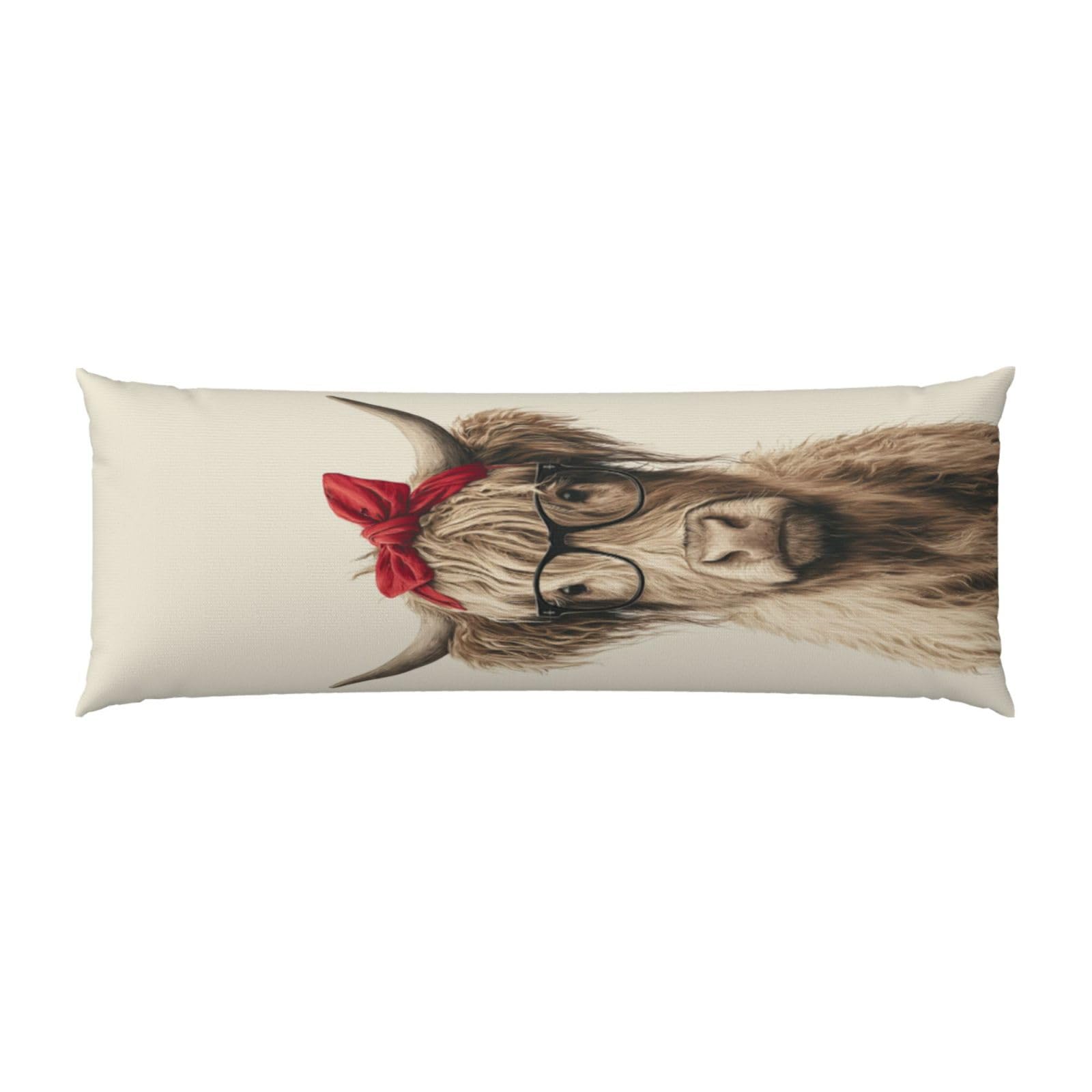 Cute Highland Cow With Glasses And A Red Bow Body Pillow Cover With Zipper Closure, Cozy Fuzzy Long Fleece Pillowcase Cover 20 X 54 Inches