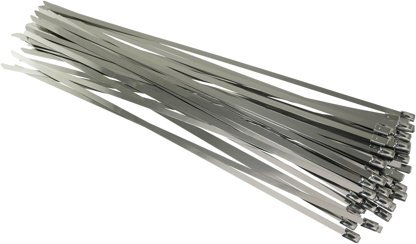 50PCS 11.8 Inches 304 Stainless Steel Heat Resistant Heavy Duty Self Locking Chain Style Cable Ties 198 Lbs Load Capacity For Exhaust Pipe Wrapping Fences Automotive Maintenance Pipe Securing