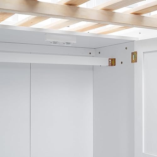 Miniatura 143 de Cama alta funcional tamaño individual con 2 cajones y 2 armarios, base de cama de madera maciza con barandilla de seguridad y escalera de