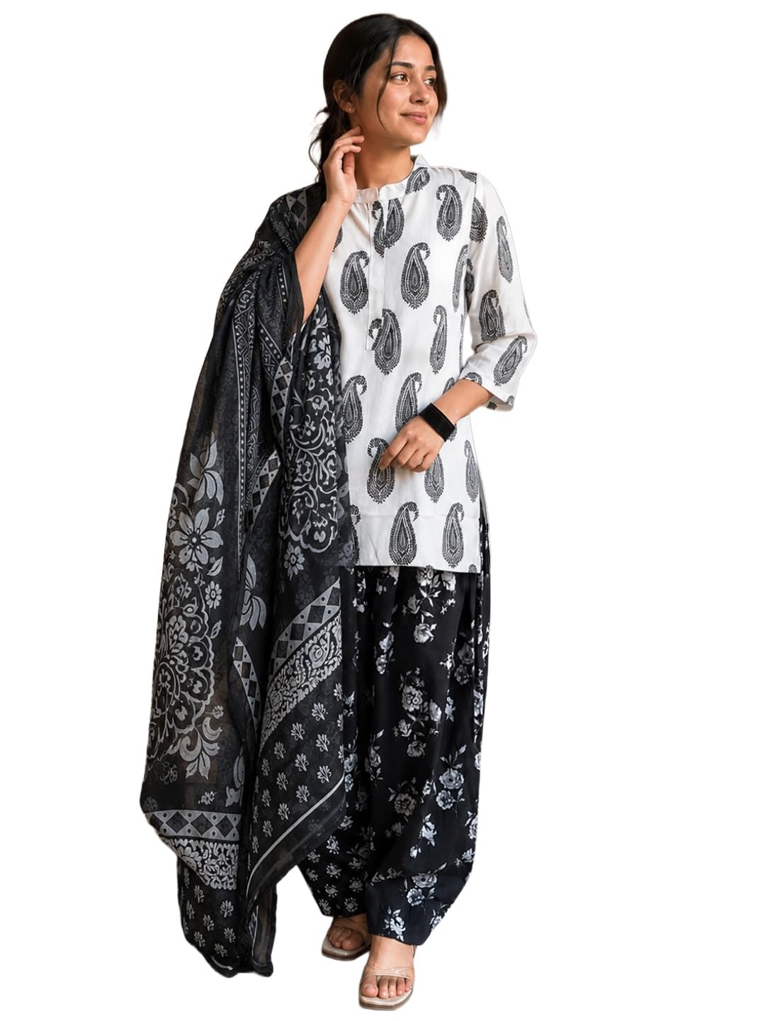 Cotton Blend Printed Straight Kurta Set with Dupatta for Women | Cotton Blend Black | 3/4 Sleeve | Mandarin Collar | Ethnic Wear Casual Wear-image-20